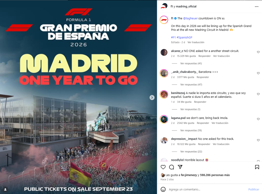 @madring_oficial. (2025, septiembre 13). Foto promocionando la F1 en Madrid 2026 [Fotografía]. Instagram. https://www.instagram.com/p/DOiXz8oDV8p/